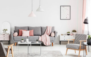 Cute, feminine living room space in modern loft apartment