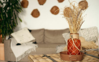 Rustic home accents in apartment with dry plants and neutral tones