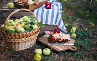 A picnic basket of apples and cupcakes on a fall afternoon