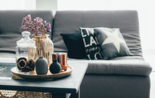 Loft living room with a decorated coffee table